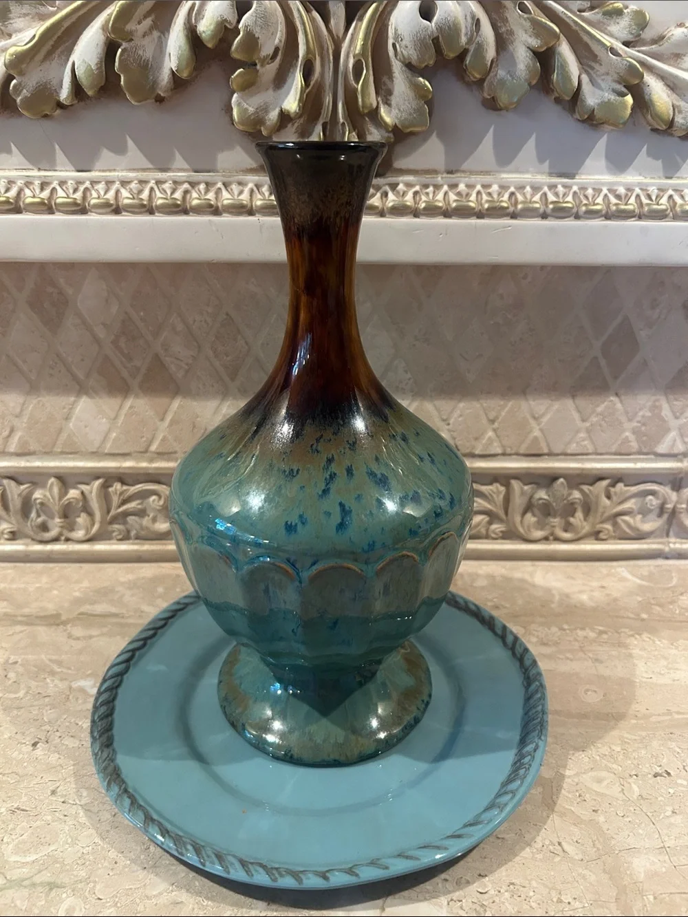 NWT Teal and Brown Ceramic Decorative 11” Vase